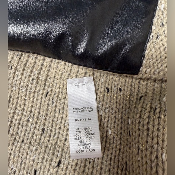 YAIRA Taupe Knit Open-Front Cardigan with Faux Leather Trim (Size L) - Picture 3 of 9